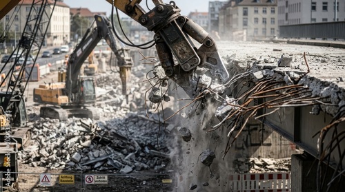 A large excavator with a hydraulic crusher forcefully demolishes a pile of rubble and debris.