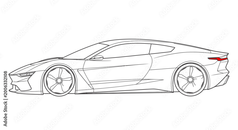 Naklejka premium Sleek sports car outline drawing side view dynamic automotive design illustration.