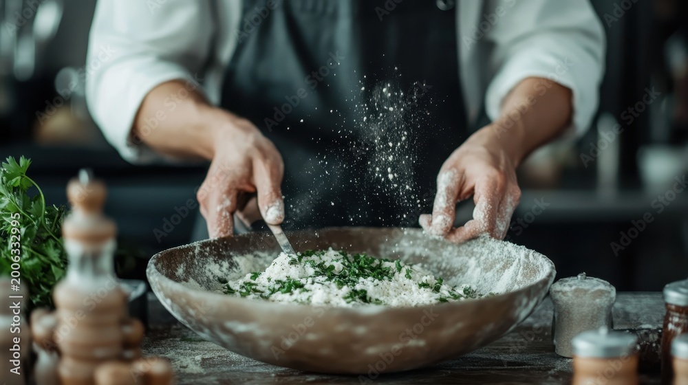 Fototapeta premium A chef is intently mixing flour with fresh green herbs in a rustic bowl, blending culinary artistry with the essence of homemade cooking in a cozy kitchen setting.