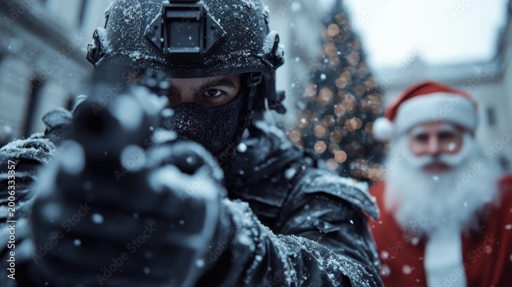 Fototapeta premium A tense scene of a soldier aiming a gun in a snowy setting, with a cheerful Santa Claus in the background, blending holiday cheer with elements of conflict and surrealism.