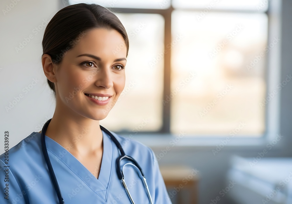 Fototapeta premium Smiling female healthcare professional with stethoscope and blue scrubs