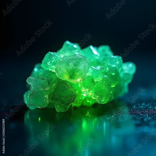 Rare earth critical minerals glowing green crystalline cluster illuminated on dark reflective surface with soft bokeh lighting and dramatic contrast evoking discovery and value
