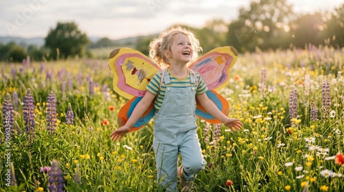 Smiling child with paper butterfly wings in a blooming meadow, dreamy sunlight, magical childhood imagination