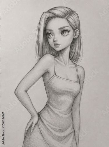 Young Woman in Elegant Pose wear Simple Dress Pencil Sketch Illustration