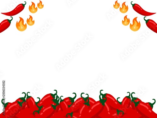 Quadro su tela A spicy culinary-themed vector illustration featuring a decorative border with a pile of fresh red chilies at the bottom and chili-fire elements in the top corners