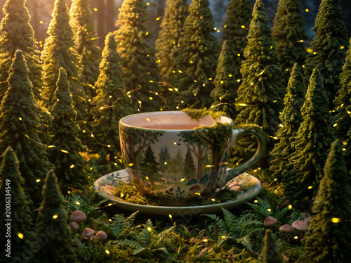 Surreal oversized ceramic teacup resting inside detailed miniature pine forest environment representing imagination