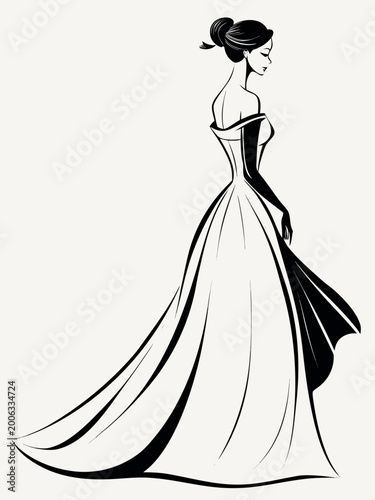 Graceful woman in white ball gown illustration