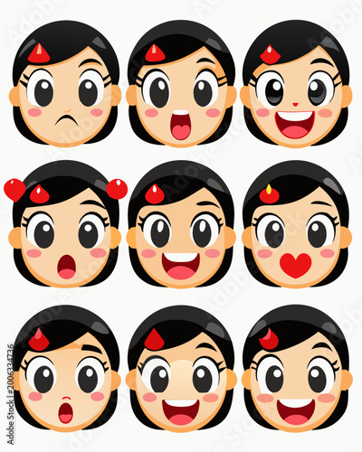 Set of nine cute cartoon girl faces with various expressions