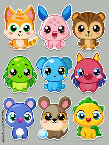 Group of nine cute baby animal characters sticker set