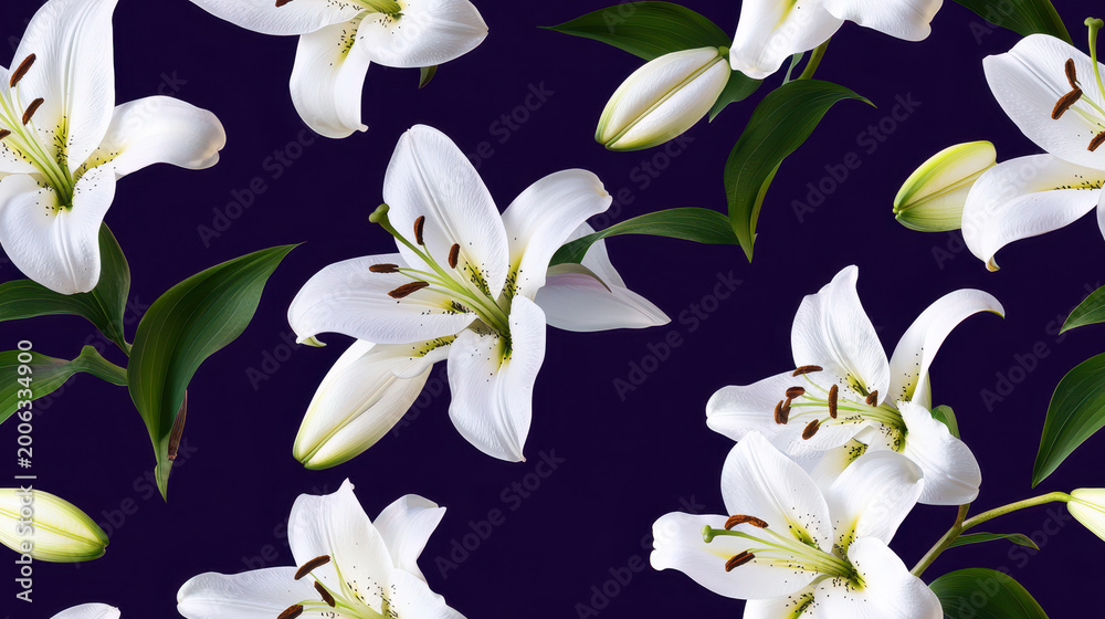 Fototapeta premium White lilies create stunning seamless pattern against dark background, evoking elegance and tranquility