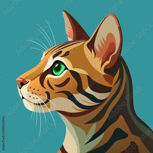 Bengal cat profile illustration with emerald eyes