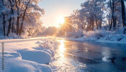 A serene winter landscape showcases a frozen river reflecting the golden light of the setting sun, surrounded by snow-covered trees and a pristine, frosted environment.