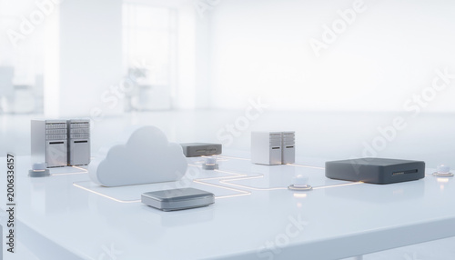 cloud computing devices on white table in modern office
