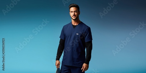 Confident male medical professional in navy blue scrubs stands against a smooth blue gradient background