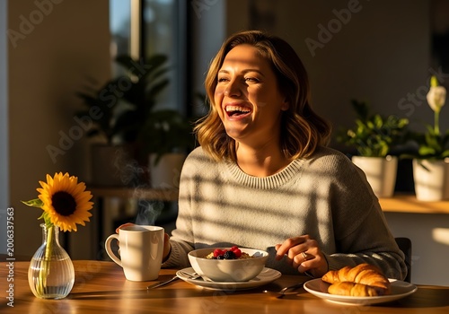 Woman enjoying breakfast with coffee croissants and fruit under natural light