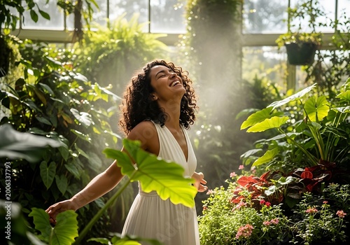 Woman enjoying sunlight surrounded by greenery in greenhouse setting