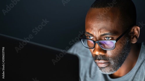 Middle-aged man with glasses intensely focused on a computer screen in low light