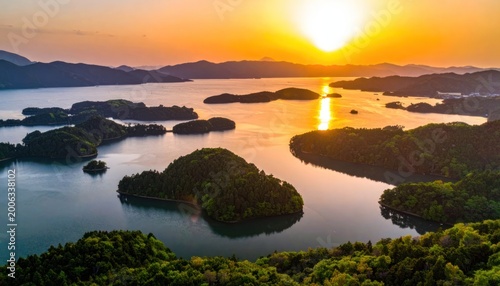 Golden light reflecting on serene waters and distant hills
