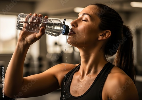 Woman hydrating after workout in gym setting with water bottle