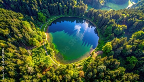 An aerial view showcases a serene, circular lake nestled within a lush, vibrant forest, creating a picturesque and tranquil landscape.