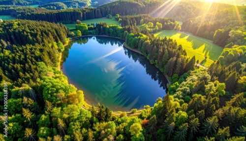 An aerial view showcases a serene lake nestled within a lush, vibrant forest, bathed in the warm glow of the setting sun.