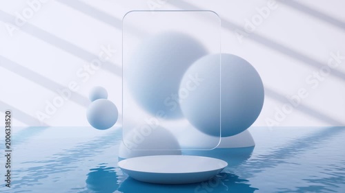 Minimalist white product podium on clear blue water with floating spheres and frosted glass panel clean backdrop motion.
