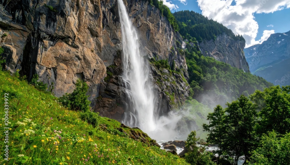 Obraz premium Majestic Waterfall Cascading Down Verdant Cliffs in a Breathtaking Mountain Landscape.