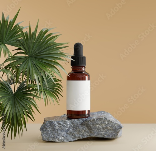 Minimal natural skincare dropper bottle on stone with lush green plant, clean cosmetic packaging mockup for beauty branding, wellness concept and product advertising design