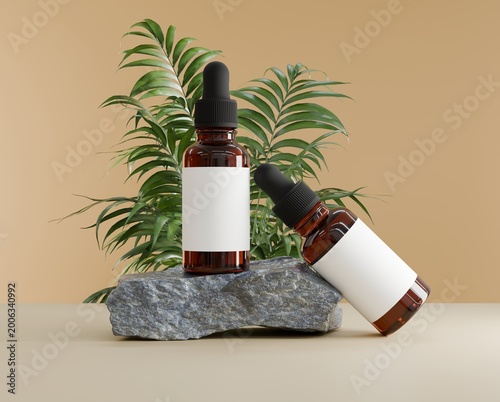 Organic skincare dropper bottles on stone with green plants, fresh botanical cosmetic packaging mockup for natural beauty branding, wellness product promotion and eco concept