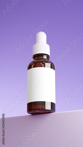 Minimal cosmetic dropper bottle mockup on soft purple gradient background, clean skincare serum packaging concept with modern aesthetic product presentation and branding space