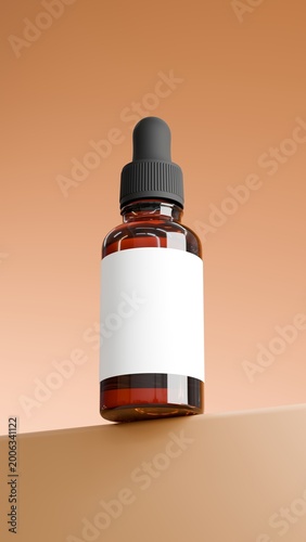 Amber glass serum bottle with dropper cap on warm neutral background, skincare packaging mockup for cosmetic branding, beauty product display and minimalist marketing concept