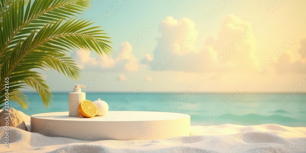 Obraz premium Serene Coastal Display White Product Stand with Tropical Elements on Sandy Beach at Sunset
