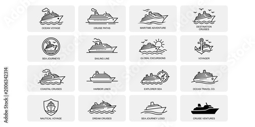 Φωτογραφία A diverse set of line art cruise ship icons, including emblems and individual vessel illustrations