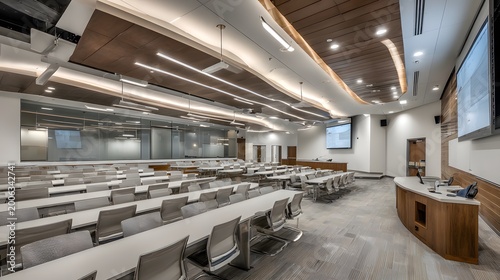 Modern Spacious University Lecture Hall with Rows of Empty Desks