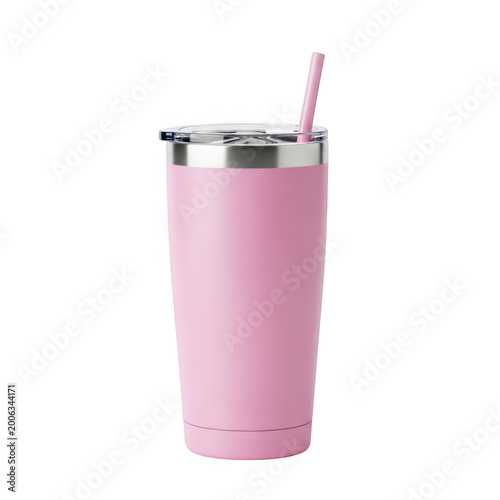 Pink stainless steel tumbler with straw isolated on transparent background