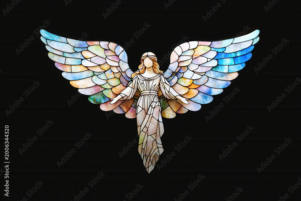 Fototapeta premium Stained glass angel with outstretched wings, showcasing vibrant colors and intricate details, evokes sense of serenity and beauty