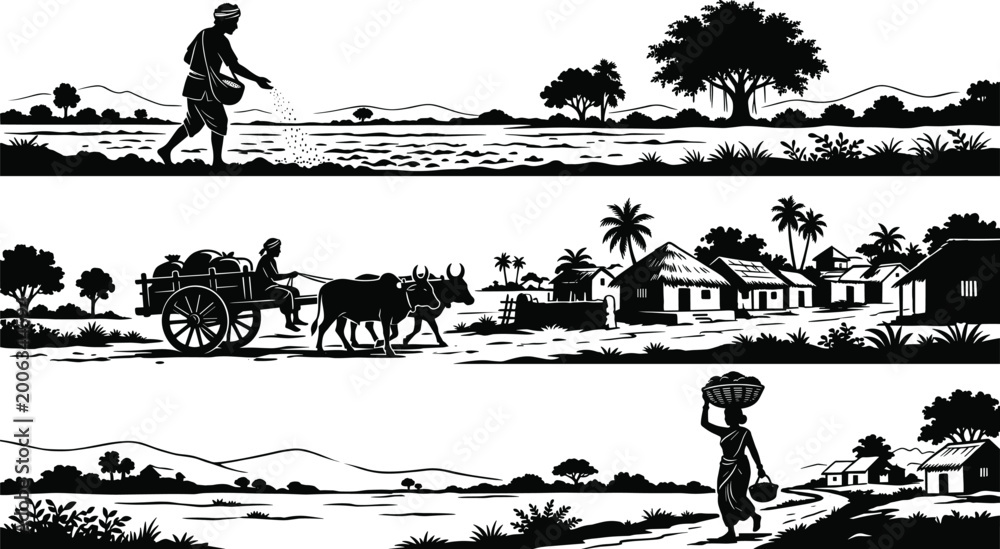 Fototapeta premium Black and white silhouette vector set, showing Asian farmer sowing seeds, bullock cart with harvest, and woman carrying basket in village.