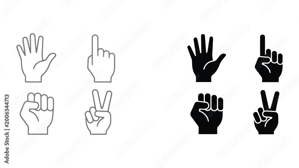 Obraz premium Human hand gesture icon set featuring open palm pointing finger fist and peace sign in outline and solid black vector styles for user interface interaction and digital navigation designs