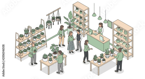 Isometric Plant Shop with Customers Buying Houseplants