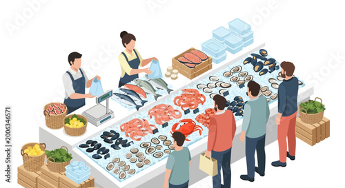 Isometric Seafood Market Illustration with Customers
