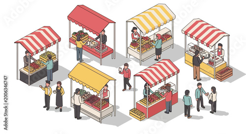 Isometric Illustration of Outdoor Market with Vendor Stalls and Shoppers