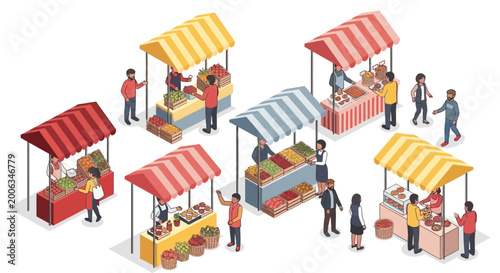 Farmers Market Isometric Illustration with People and Stalls