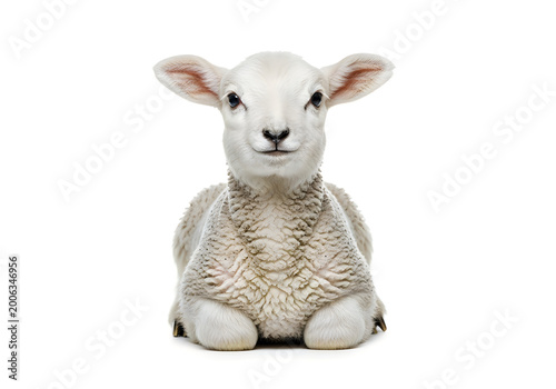 Cute fluffy baby lamb sitting and looking at the camera isolated on white background