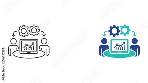 Technical team synergy and data analytics icons featuring computer displays with growth trends and operational gears in high quality vector graphic design for corporate business applications