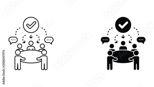 Team consensus and decision making process icon set in flat outline and solid style representing agreement approval and collaborative communication in professional business meeting environments