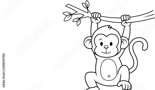 Photography Charming cartoon monkey hanging from a branch with leaves