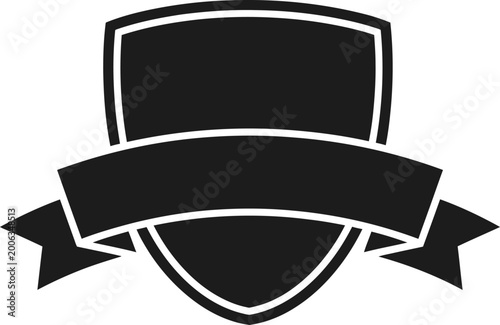 Black badge, shield icon, ribbon banner, label template, vector graphics