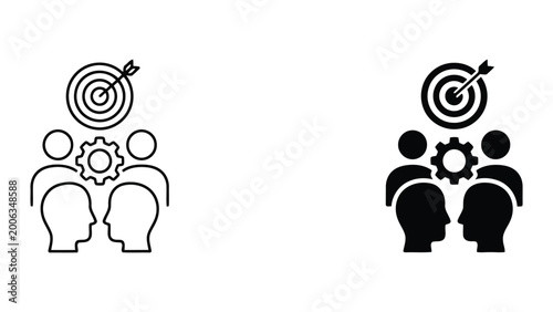 Goal setting and strategic team planning vector illustration featuring people with target and gear icons for business management and successful project execution concept design graphics