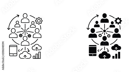 Integrated business network and cloud computing icon set featuring team members connected to digital resources and data management systems in clean minimal vector style for modern technology