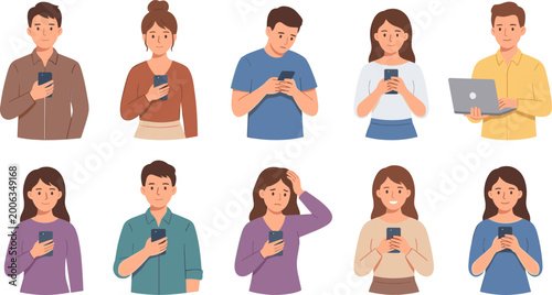 People Using Smartphones Character Set with Men and Women Holding Mobile Devices Chatting Social Media Communication and Digital Lifestyle Vector Illustration Collection
